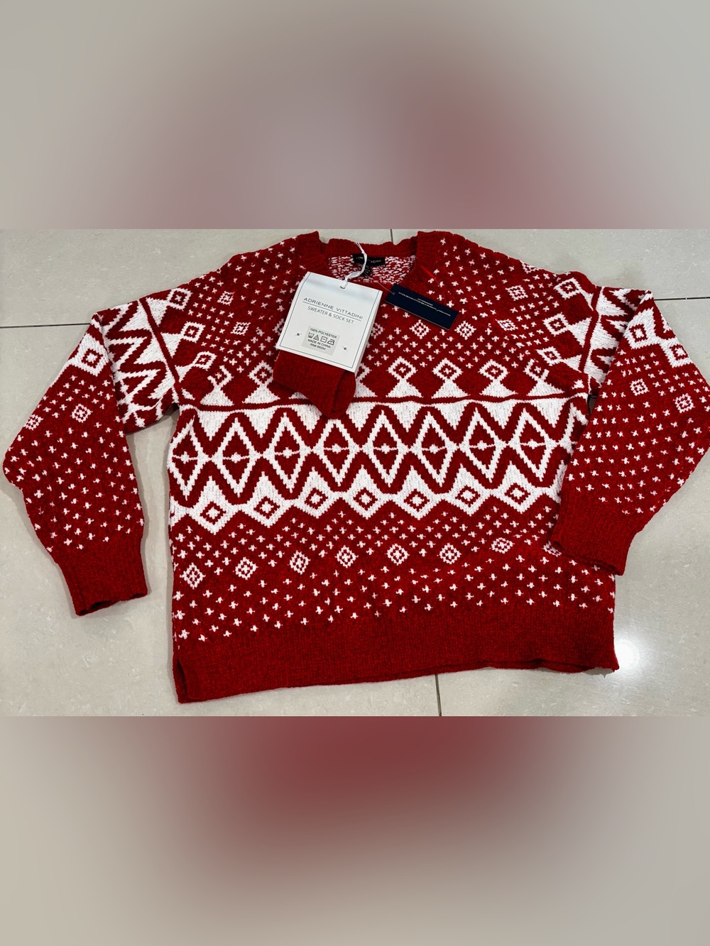 Adrienne Vittadini Red and White Fair Isle Crewneck Sweater